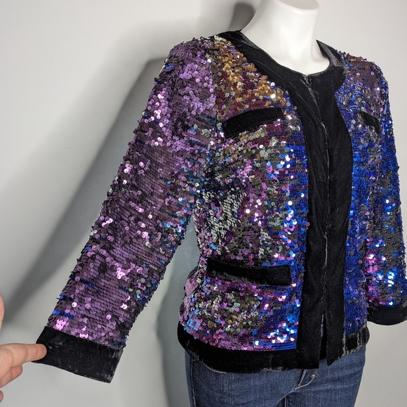 Boston Proper Blue Purple Silver Black Velvet Hook Closure Jacket S - Picture 3 of 9